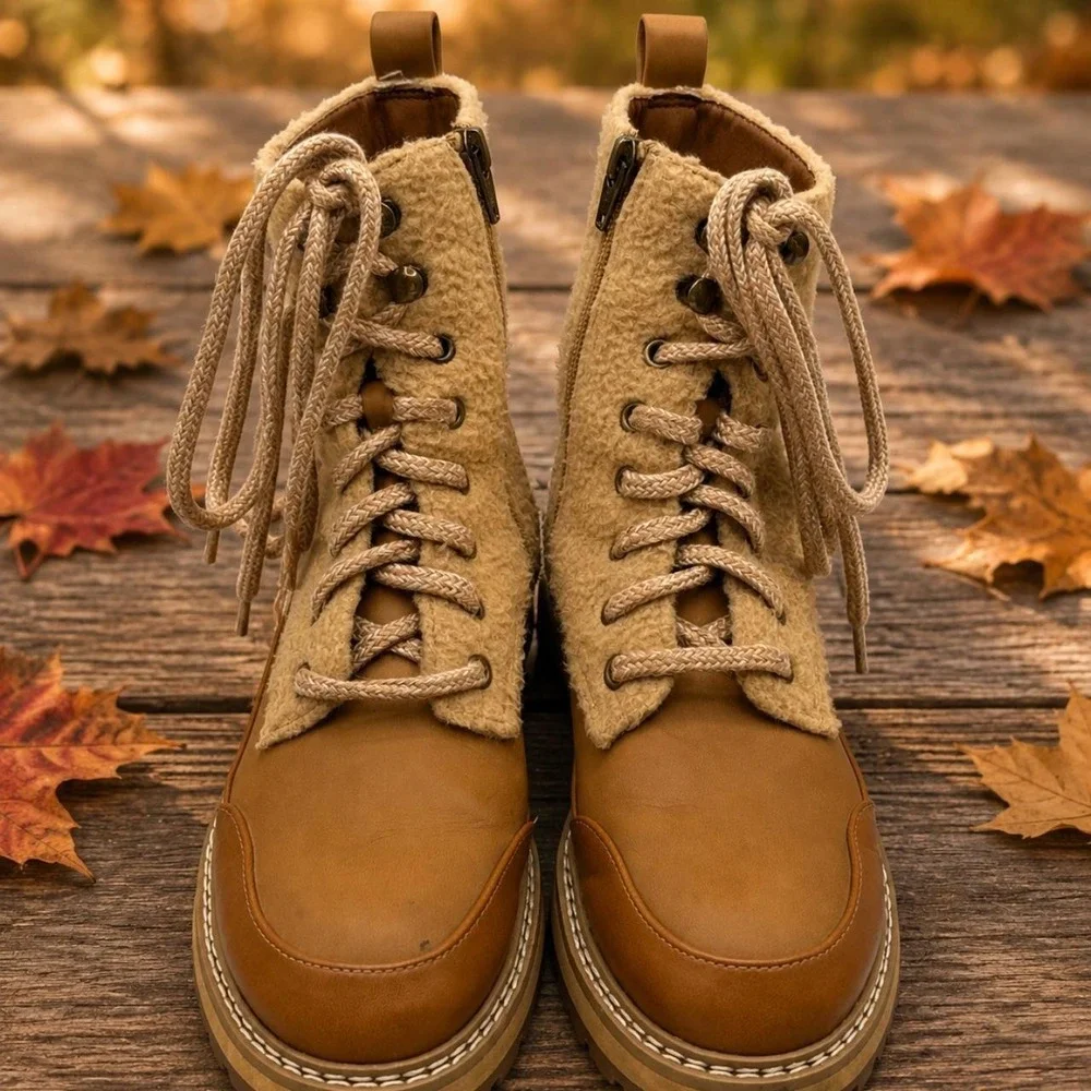 Universal Thread Women's Hiker Ankle Boots Tan Sherpa Lace Up Side Zip Lug Sole